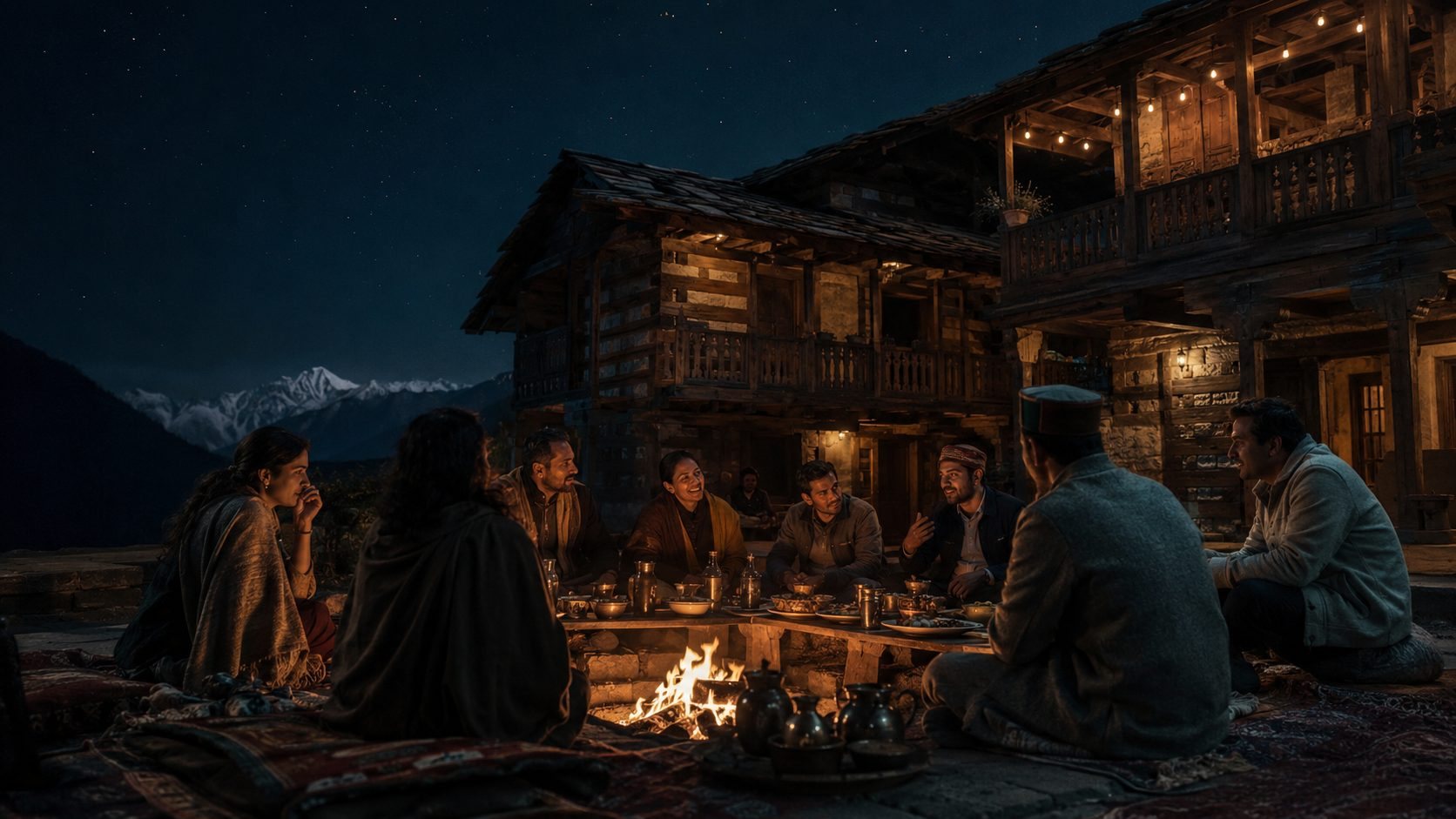 A Himalayan courtyard at night strung with lamps — guests in conversation around a fire at a long low table, snow peaks faint under the stars.