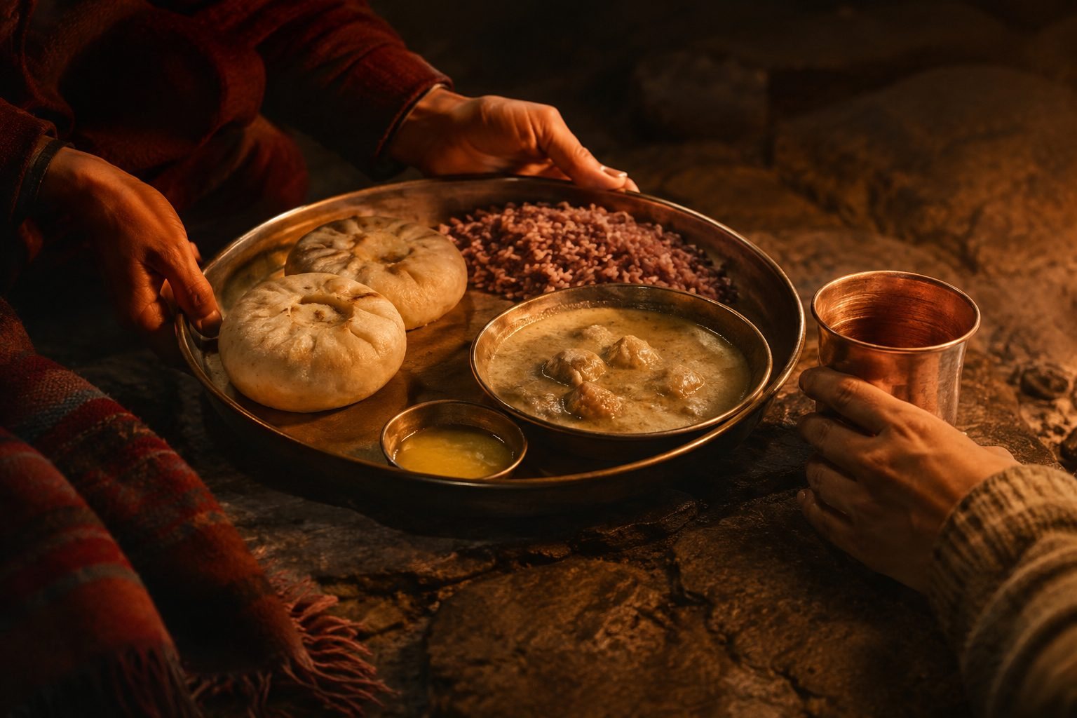 Hands passing a brass thali by firelight — siddu, red rice, madra and a bowl of ghee — a copper glass of tea alongside on the stone.