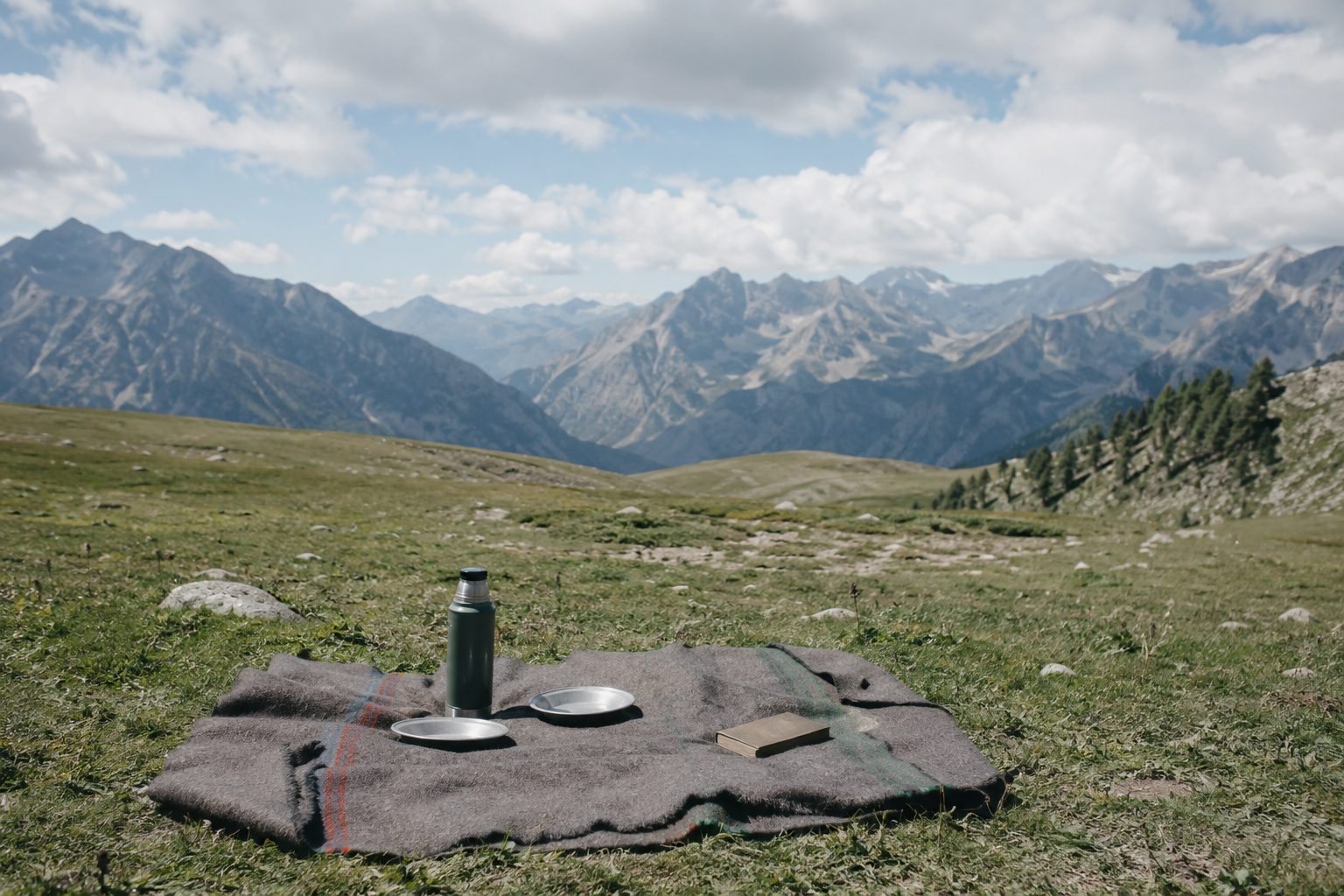 A picnic laid on a wool blanket in a high meadow — a thermos, two steel plates and a book — mountain ranges beyond.