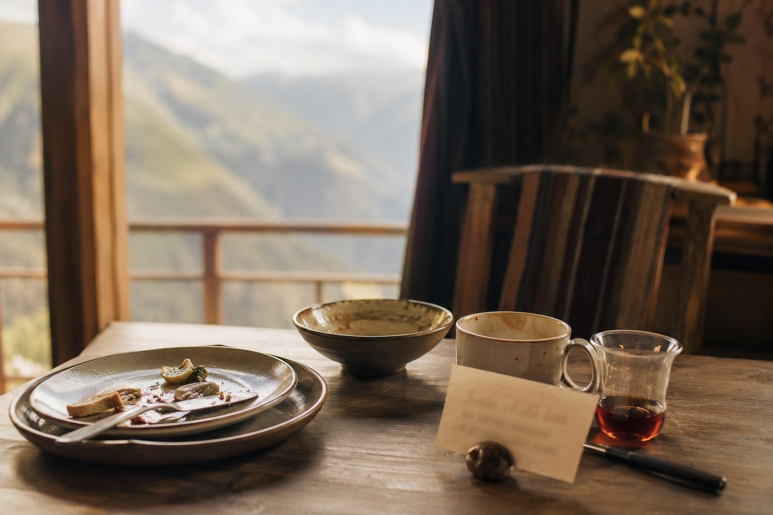 A slow breakfast by a window over the valley — emptied plates, a glass of tea, and a small printed card waiting with a pen.
