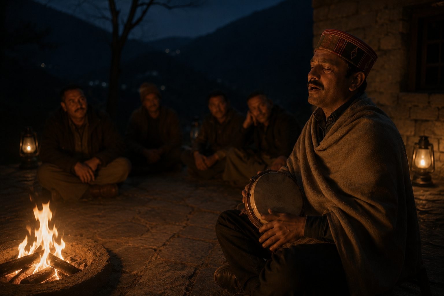 A singer of the valley by lantern light, a small drum in his hands, the circle listening around the fire.