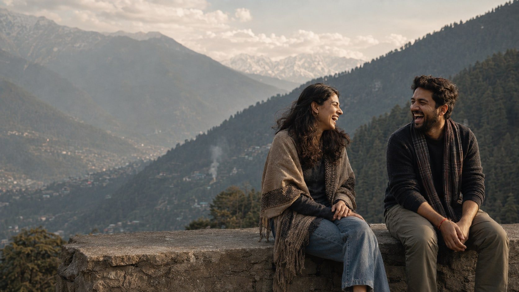 Two friends laughing together on a stone wall at a viewpoint over the Naggar valley