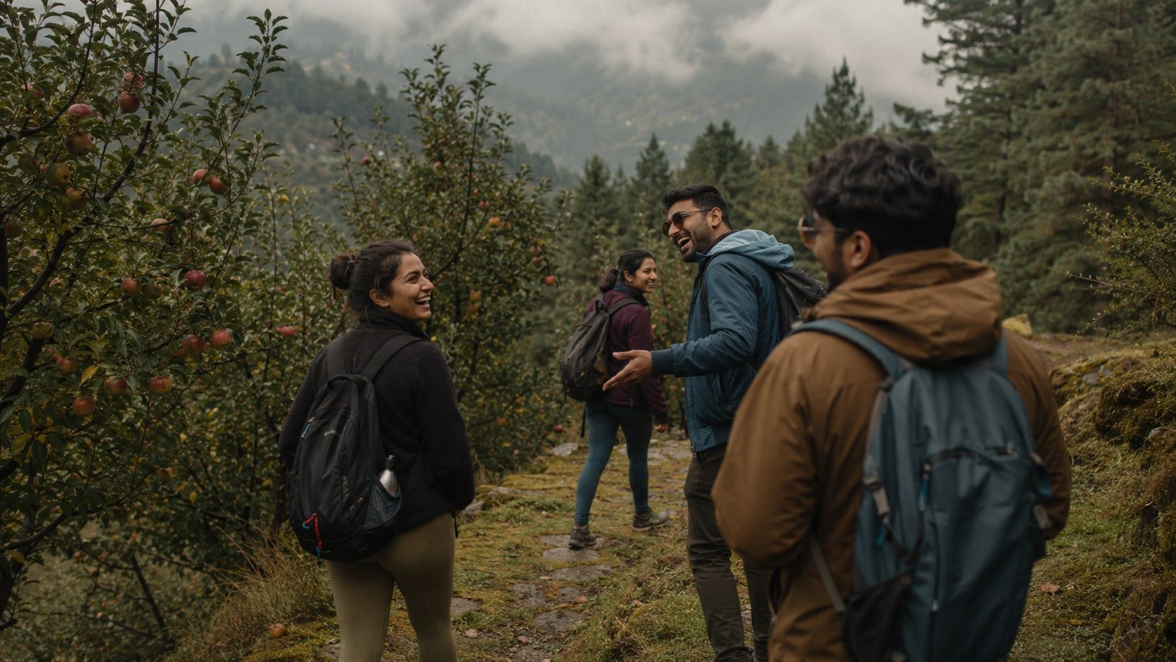 A group of cousins laughing together on a pine trail on the way to Jogini