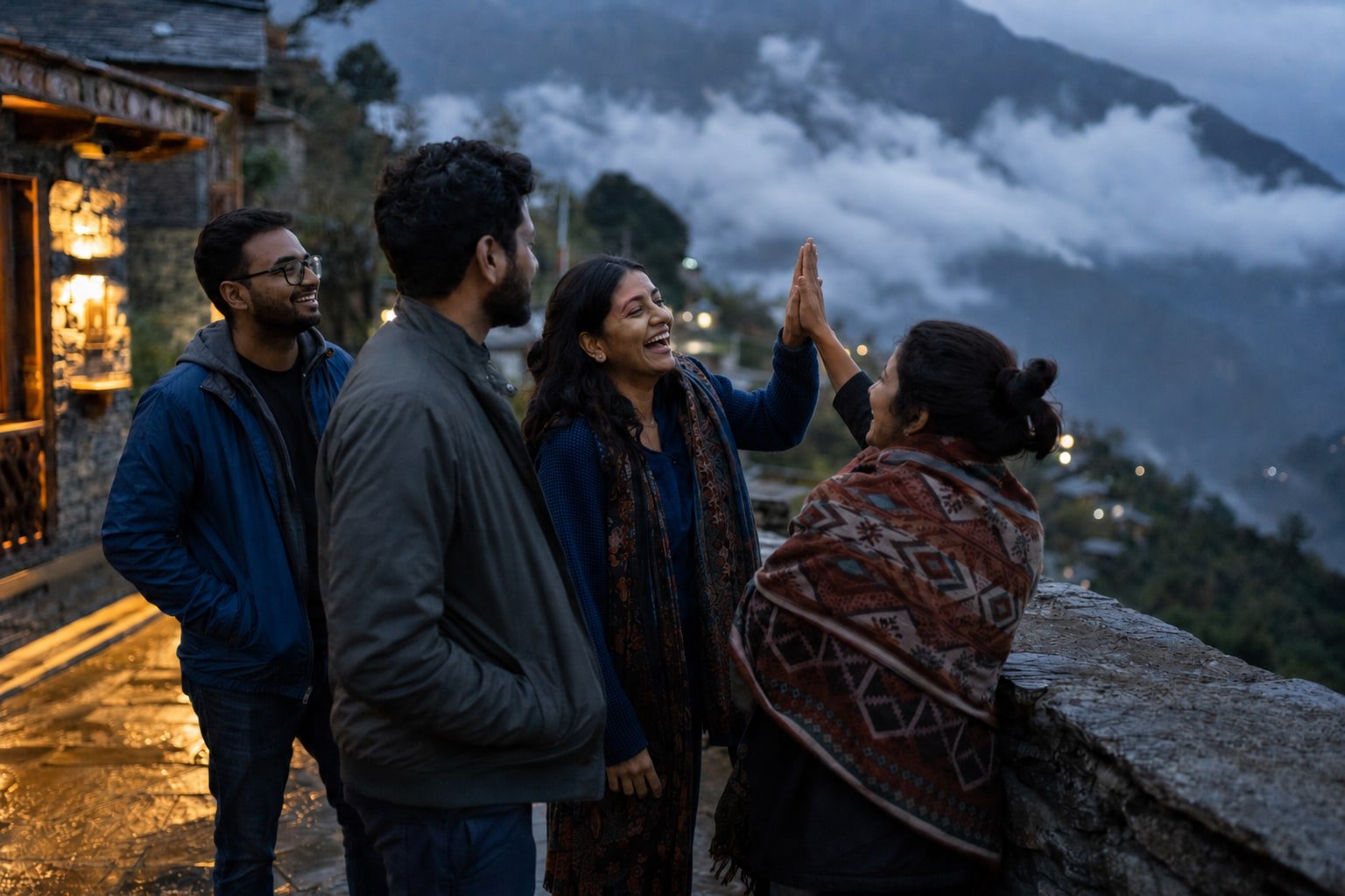 Cousins laughing at dusk on a Naggar property terrace, warm lights and a misty valley behind