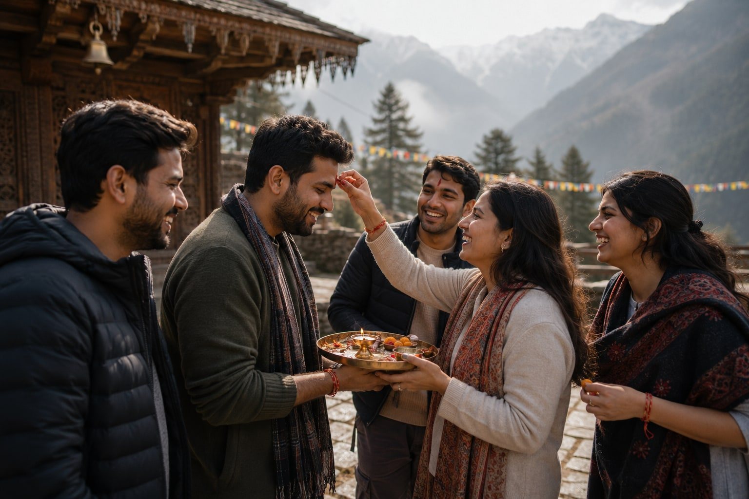 A group performing the Raksha Bandhan tilak ritual with a puja thali at a Naggar temple courtyard
