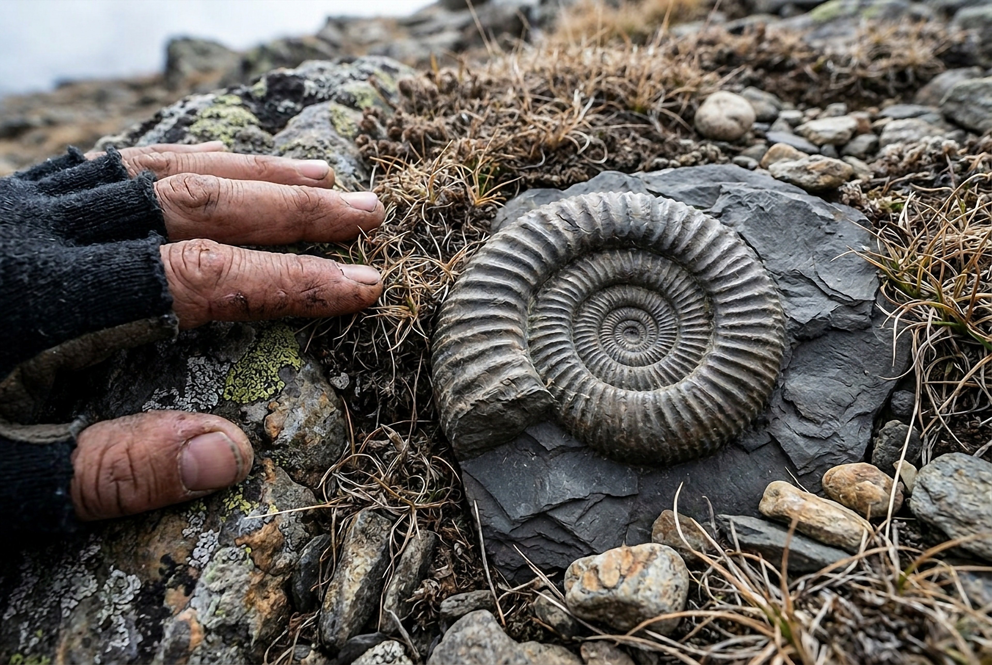 A weathered hand rests beside an ammonite still set in the rock where it lies, high on the slope at Langza.