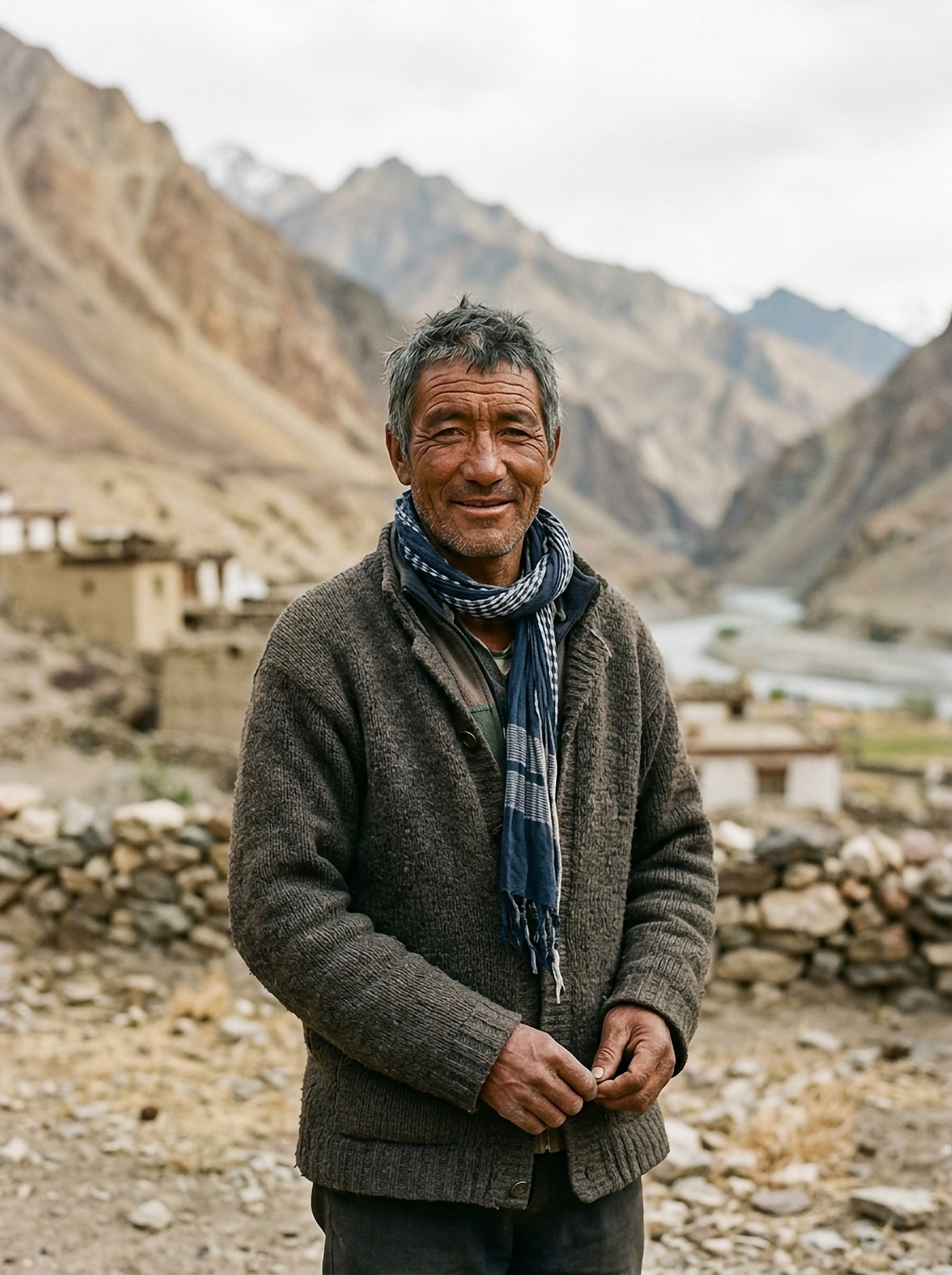 An older man in a wool sweater and scarf stands before his village and the river valley, mountains behind.