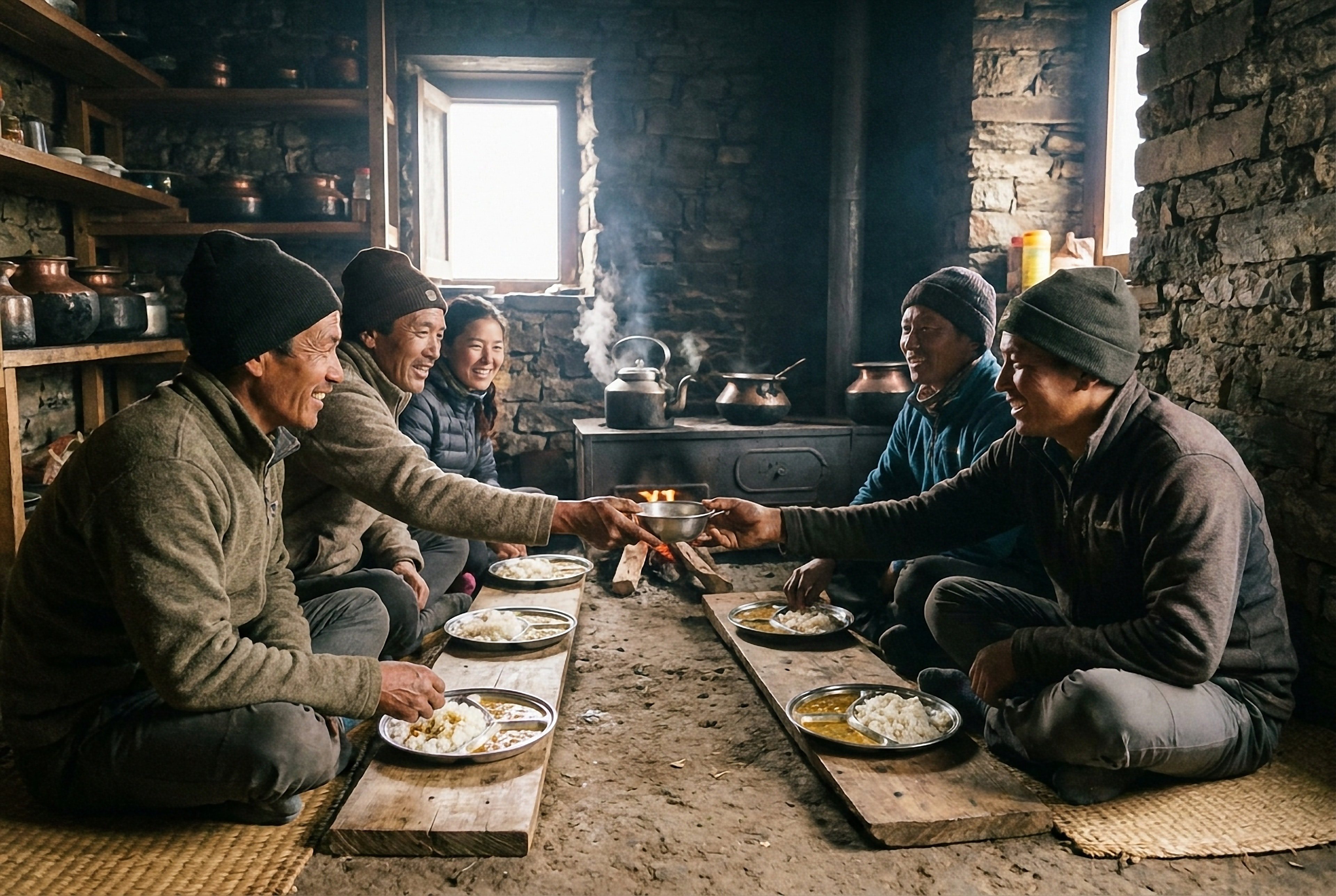 Adults share a floor meal around low tables in a warm stone kitchen at Kibber, a stove and window behind them.