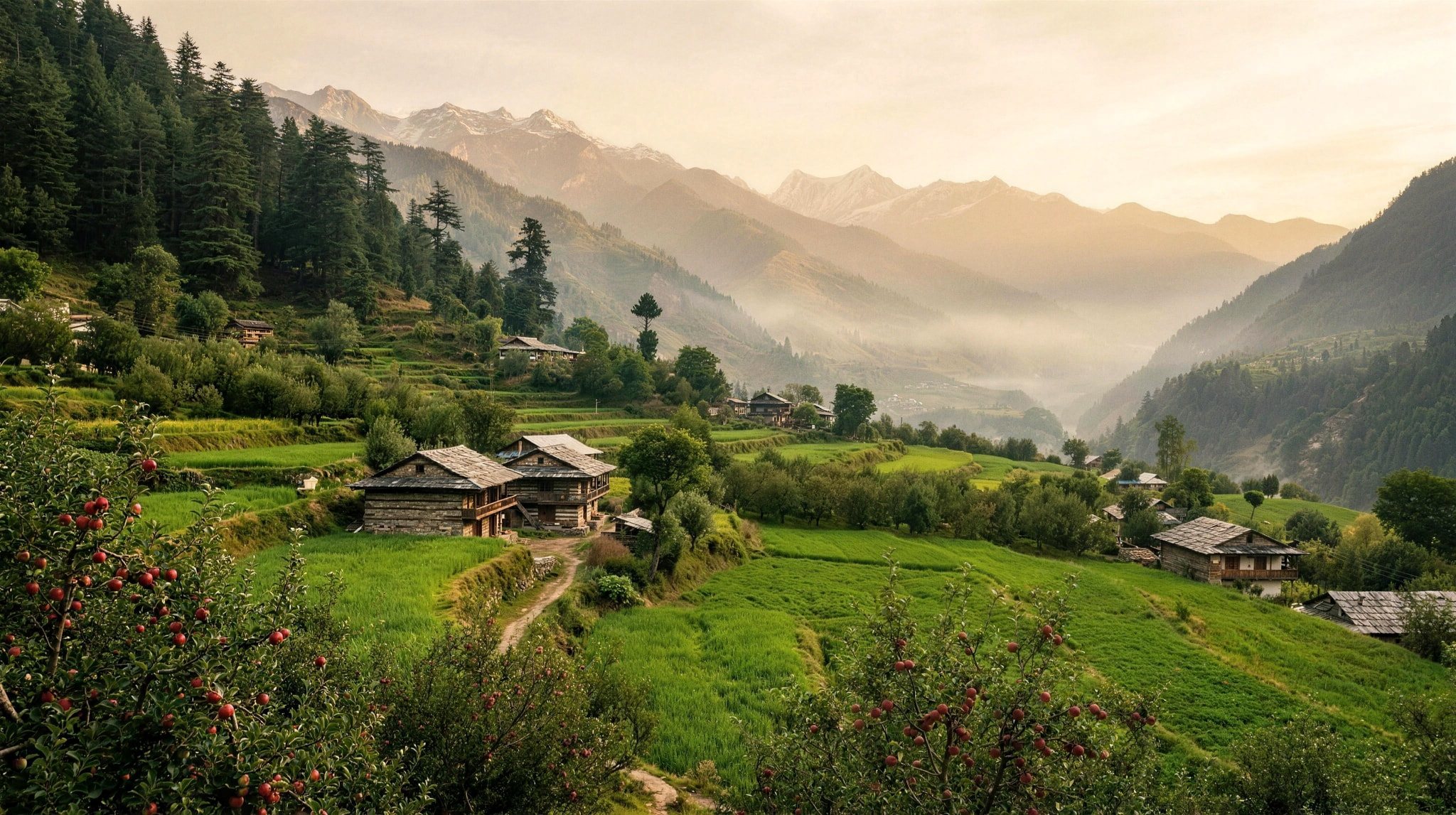 A Kinnauri apple orchard at harvest: gnarled trees heavy with red apples and wooden crates on the grass, a stone-and-timber village on the forested slope beyond, snow peaks above.