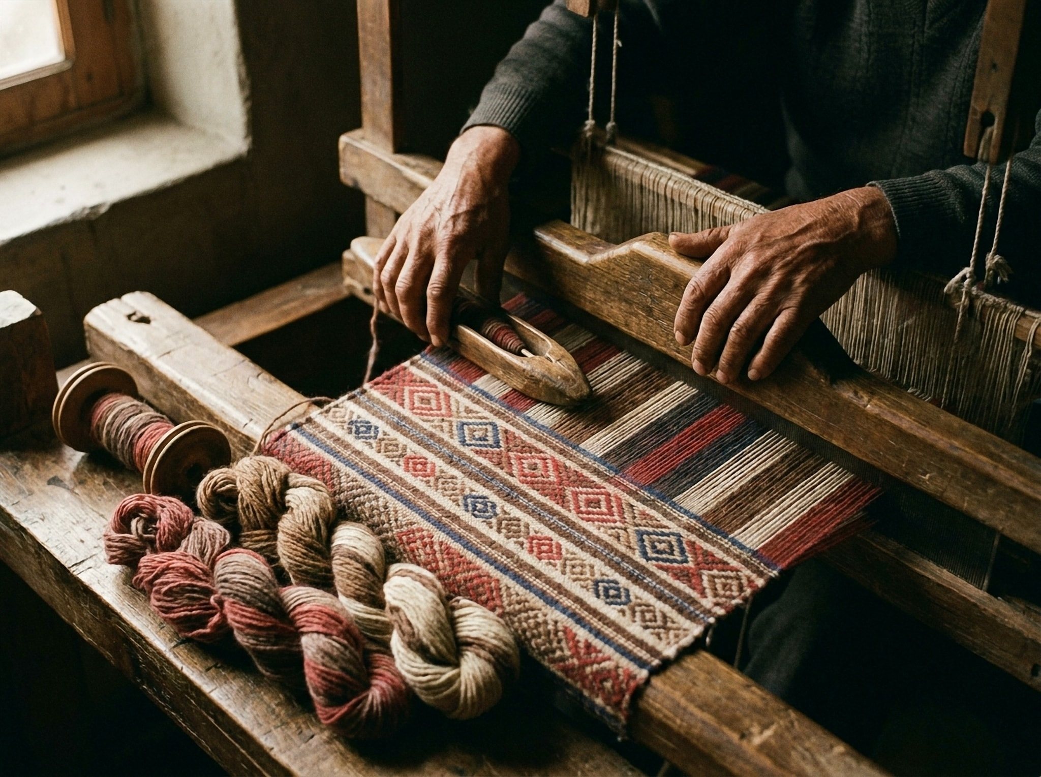 Weathered hands working a patterned shawl on a wooden pit-loom, dyed skeins resting in the window light.