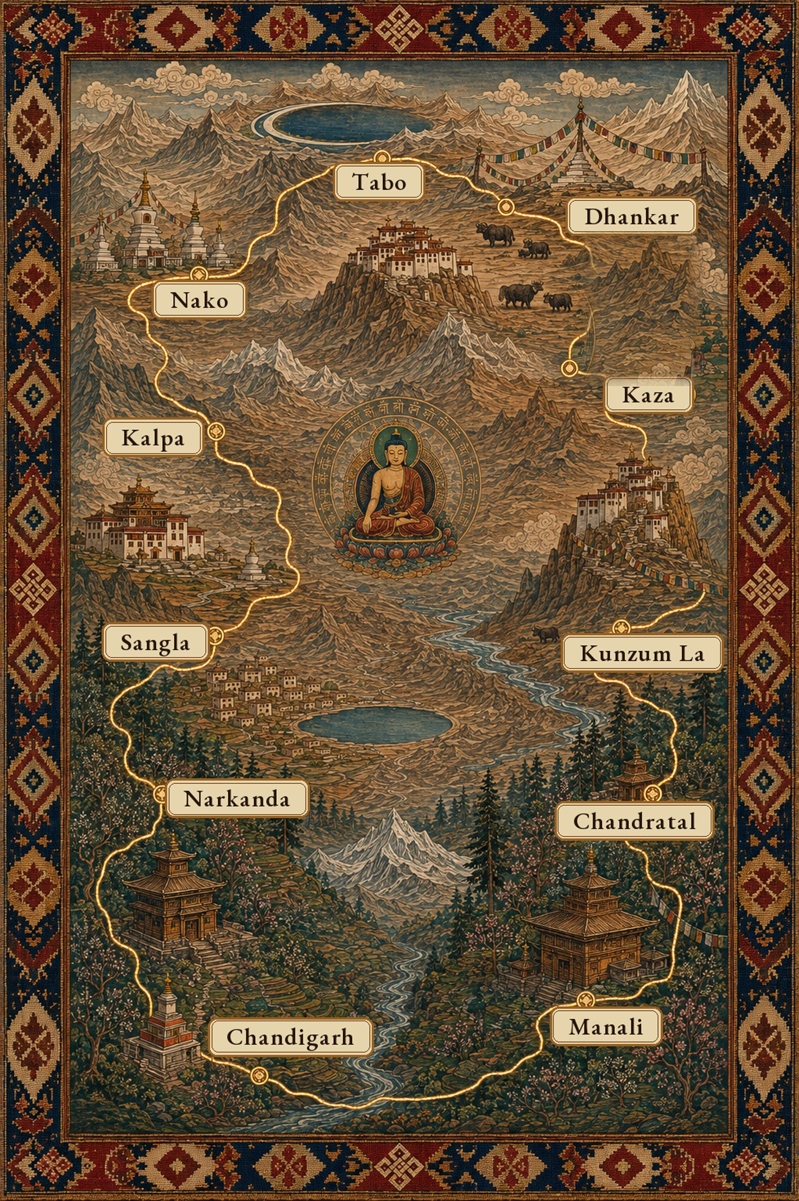 An illuminated painted map of the twelve-day route through Kinnaur and Spiti, a gold thread linking Chandigarh, Narkanda, Sangla, Kalpa, Nako, Tabo, Dhankar, Kaza, Kunzum La, Chandratal and Manali around a central seated figure, framed by a woven border.