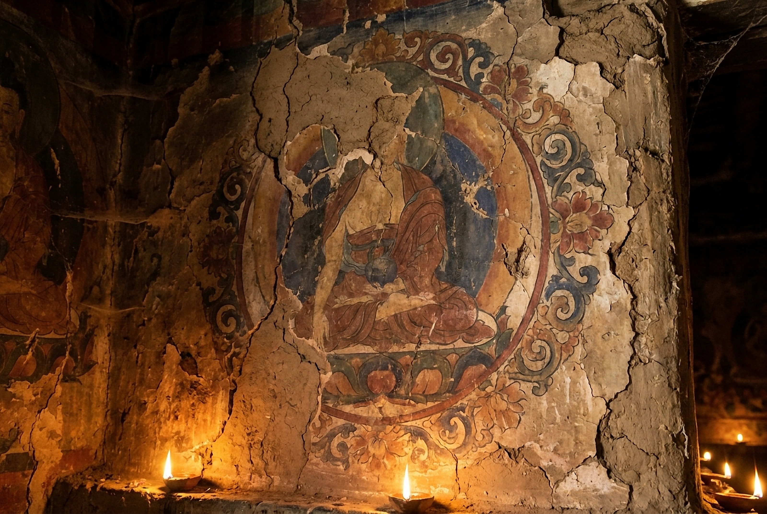An old monastery mural of a seated Buddha, its plaster cracked and warmed by candlelight below.