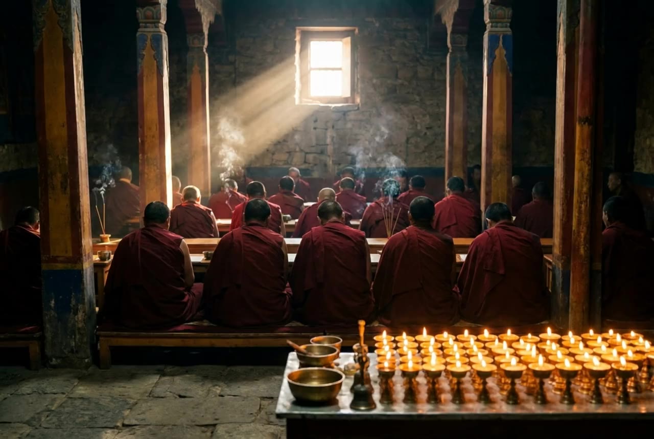 Rows of monks seated from behind at dawn prayer inside Key monastery, a broad shaft of window light falling across the hall and butter lamps burning in the foreground.
