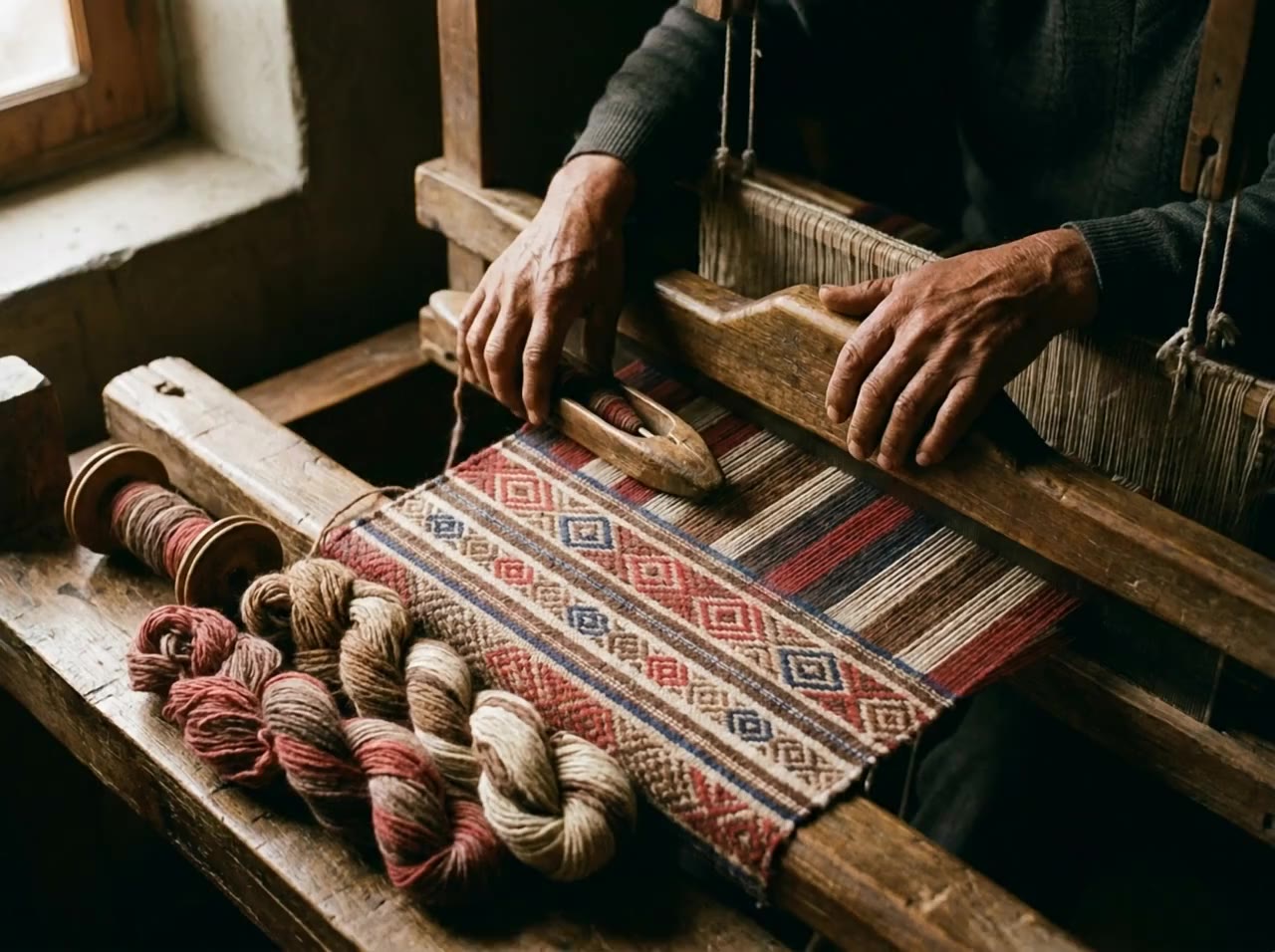 Weathered hands working a patterned shawl on a wooden pit-loom, dyed skeins resting in the window light.