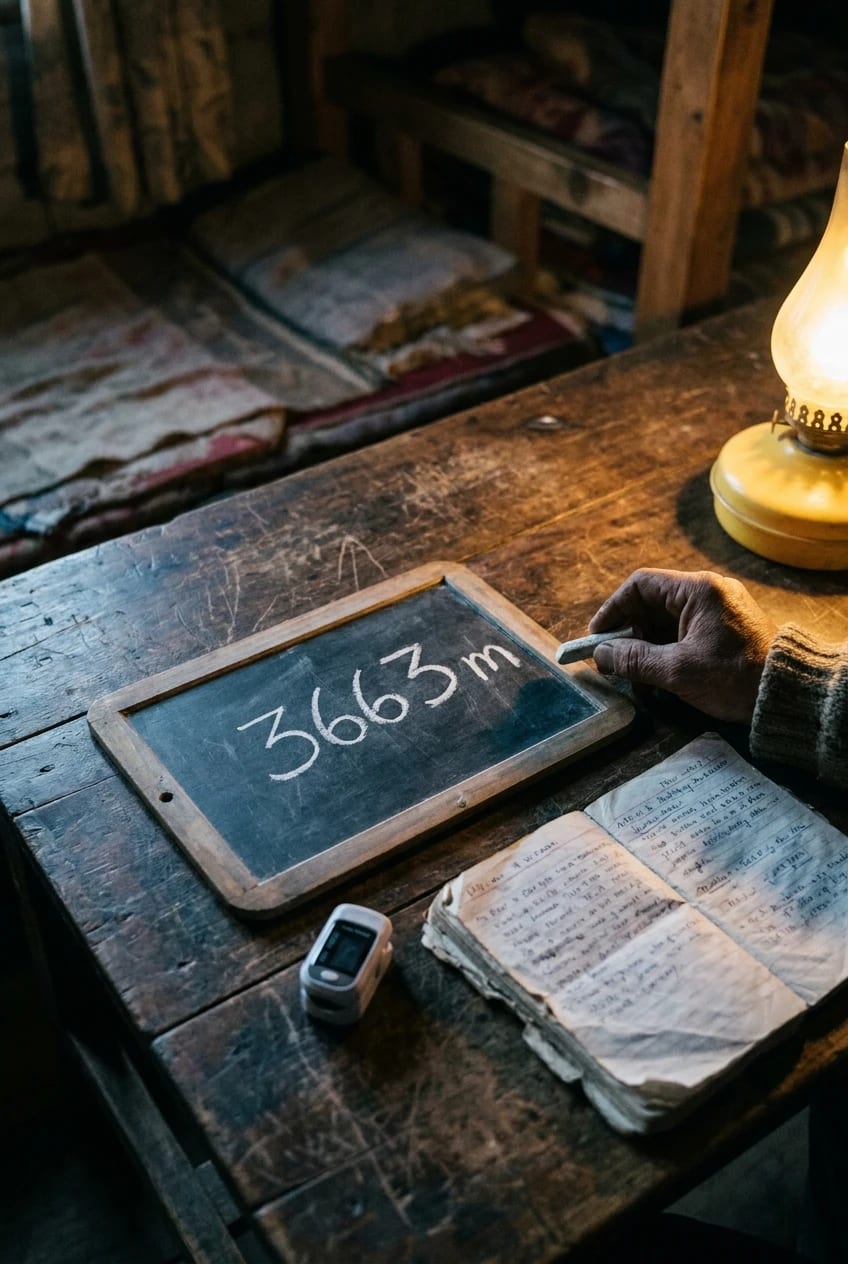 A hand chalking tomorrow’s sleeping height — 3663 m — on a slate by lamplight, a pulse oximeter and the host’s worn notebook beside it.